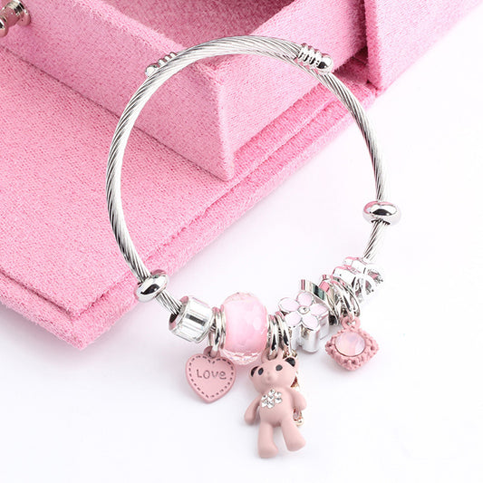 Kids Silver Pink Teddy Charm Bracelet