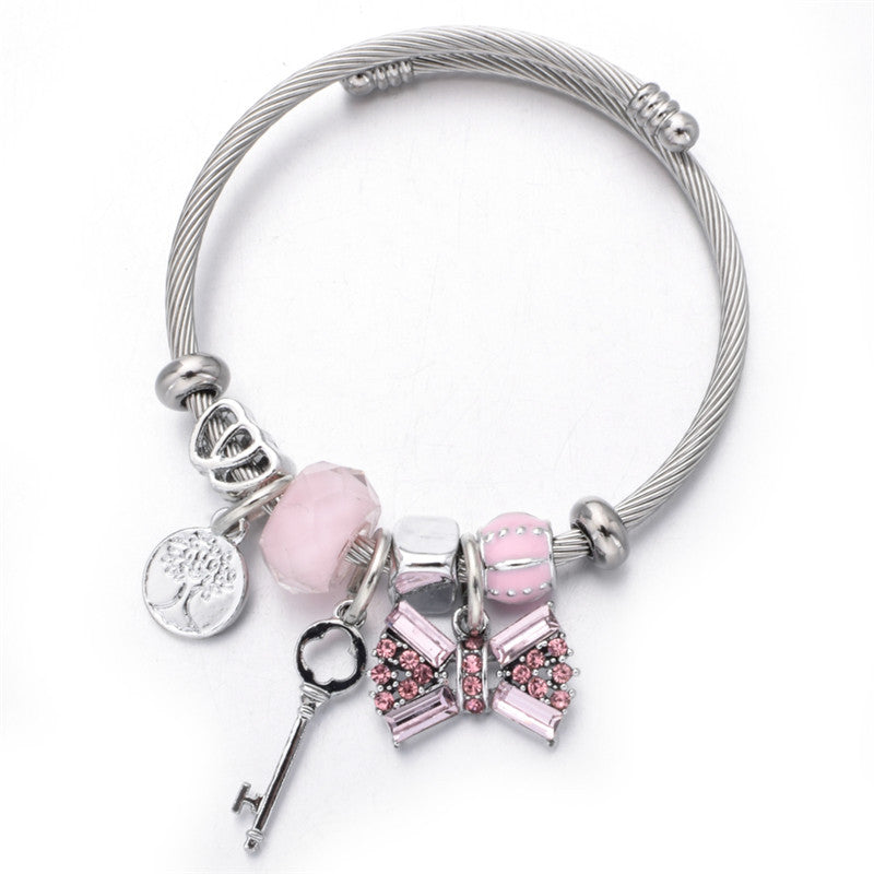 Kids Silver Pink Key Heart Charm Bracelet