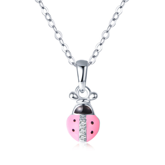 Kids Silver Pink Ladybug Necklace