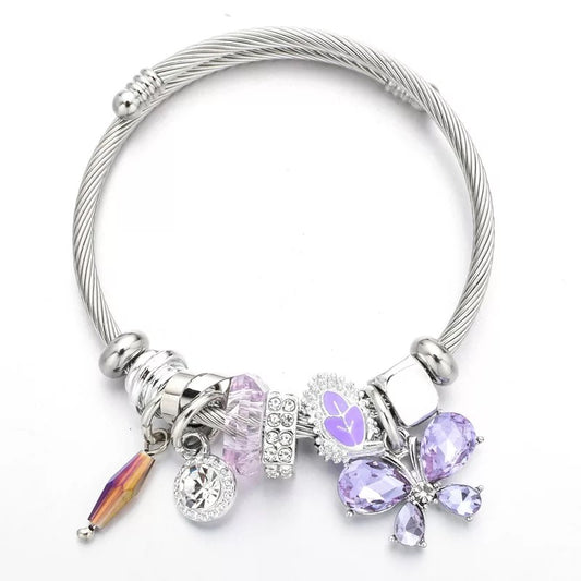 Kids Silver Purple Butterfly Charm Bracelet