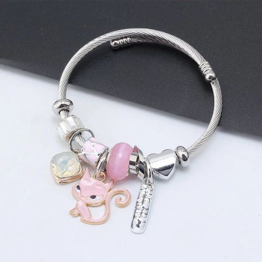 Kids Silver Cat Charm Bracelet