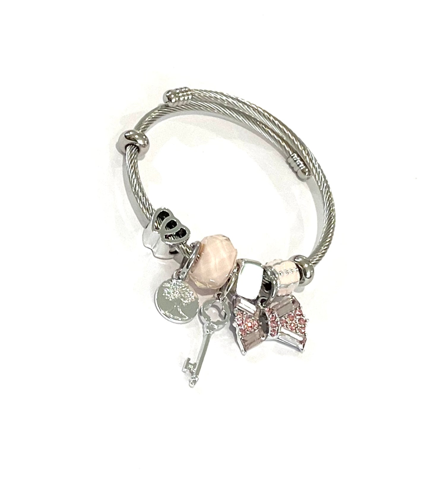 Kids Silver Pink Key Heart Charm Bracelet