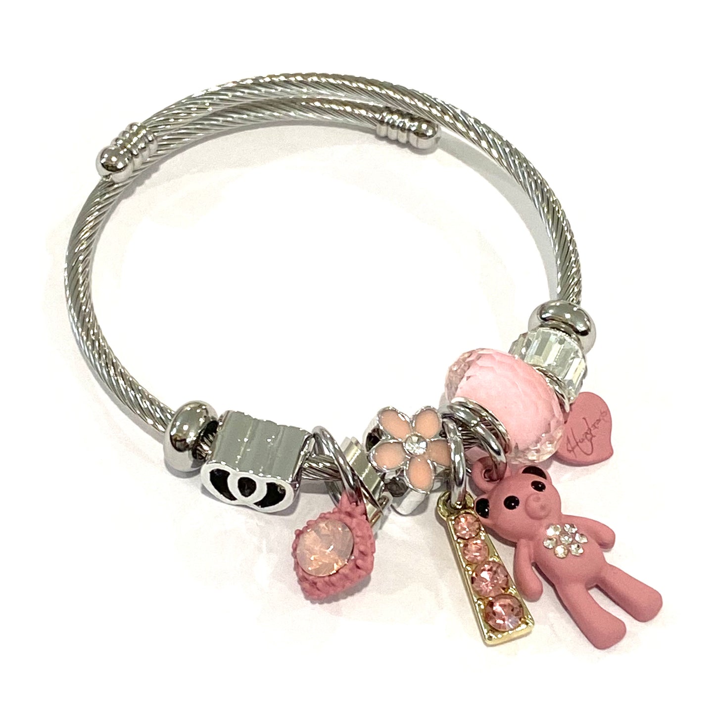 Kids Silver Pink Teddy Charm Bracelet