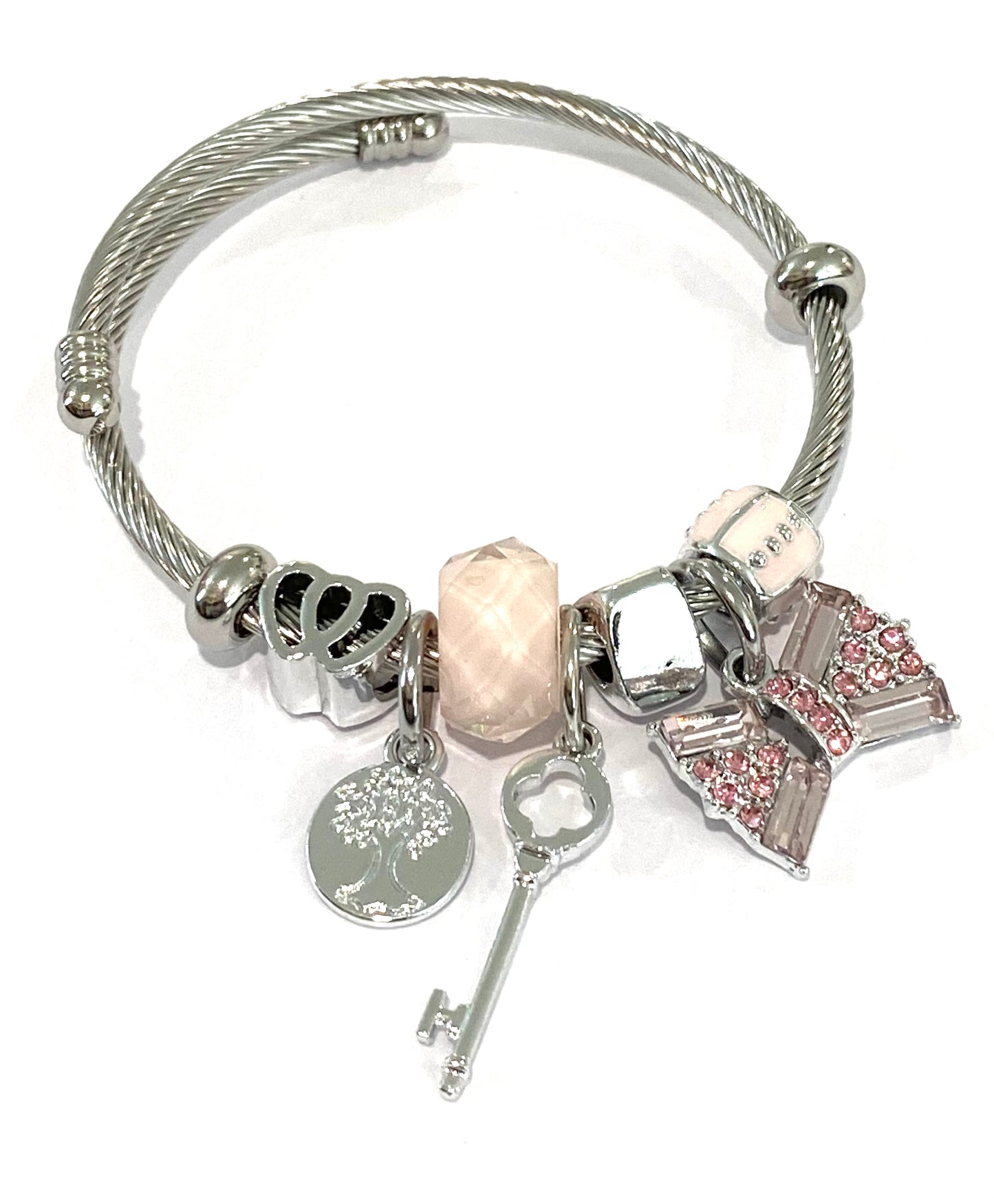 Kids Silver Pink Key Heart Charm Bracelet