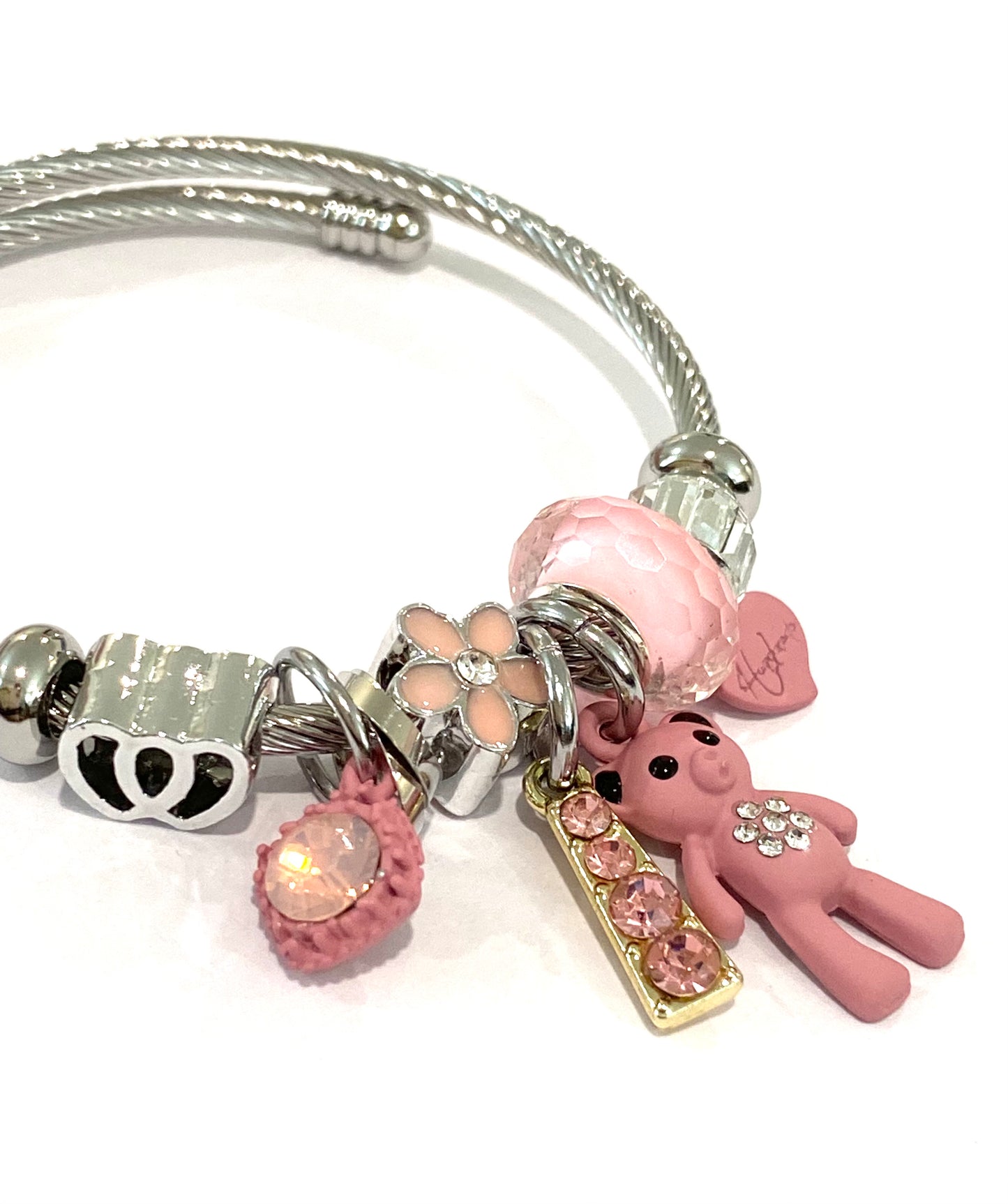 Kids Silver Pink Teddy Charm Bracelet